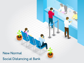 Social Distancing New Normal People Waiting At Bank People Keep Safe Distance and Queue by sitting on Seats to Prevent Coronavirus Covid-19 Isometric View Vector Design