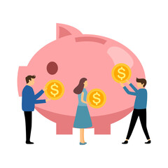People carry dollar coins for piggy bank in flat design on white background. Money savings in bank account for wealth in the future.
