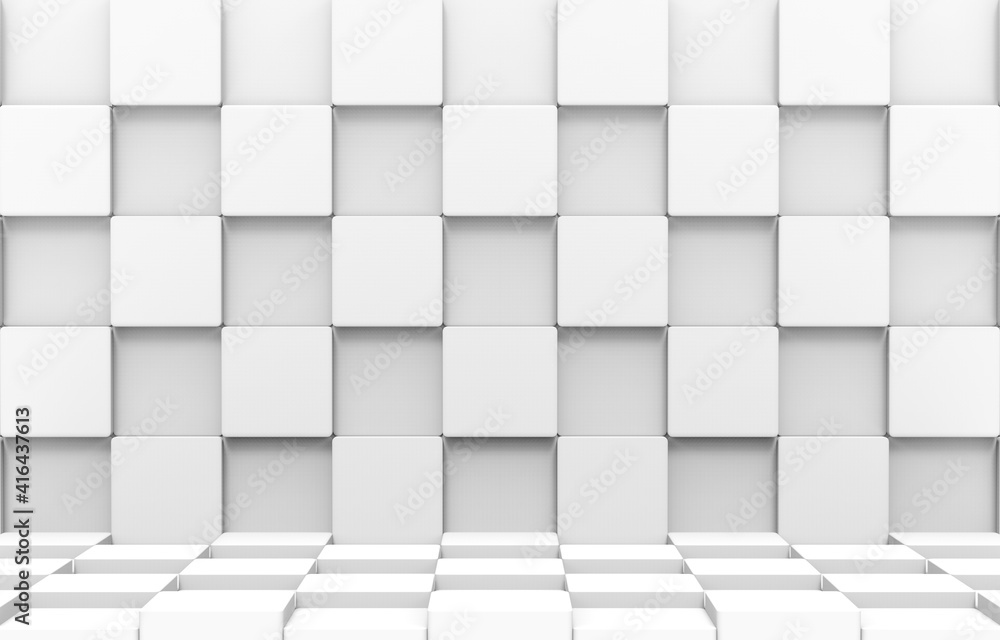 Poster 3d rendering. modern futuristic white square round cube boxes stack wall and floor design art backgr