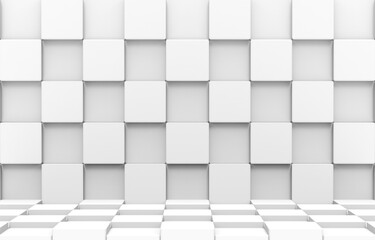 3d rendering. modern futuristic white square round cube boxes stack wall and floor design art background.