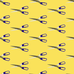 Seamless pattern of scissors separated from the yellow flat layer. Scissors with blue handle