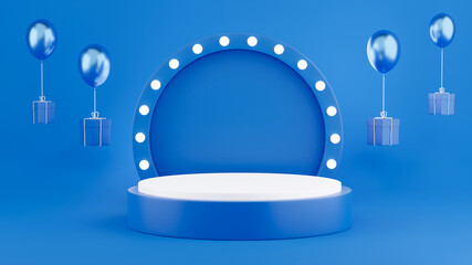 3d render of blue podium with decoration for product display