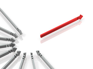 集中と選択。沢山の矢印が集中し、前進するイメージ。白バック。3Dレンダリング。