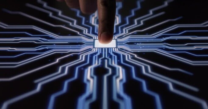 Digital AI Computer Activates Secure System With Fingerprint Scan. Super AI Computers Integrating With Human Life.