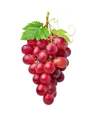 Red grape cluster with green leaves isolated on white background.