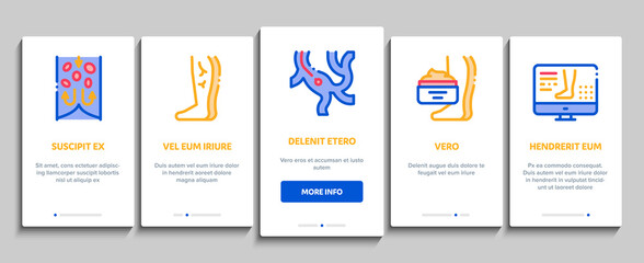 Varicose Veins Disease Onboarding Mobile App Page Screen Vector. Varicose Symptoms And Treatment, Legs Pain And Medicine Cream, Ultrasound And Surgery Illustrations