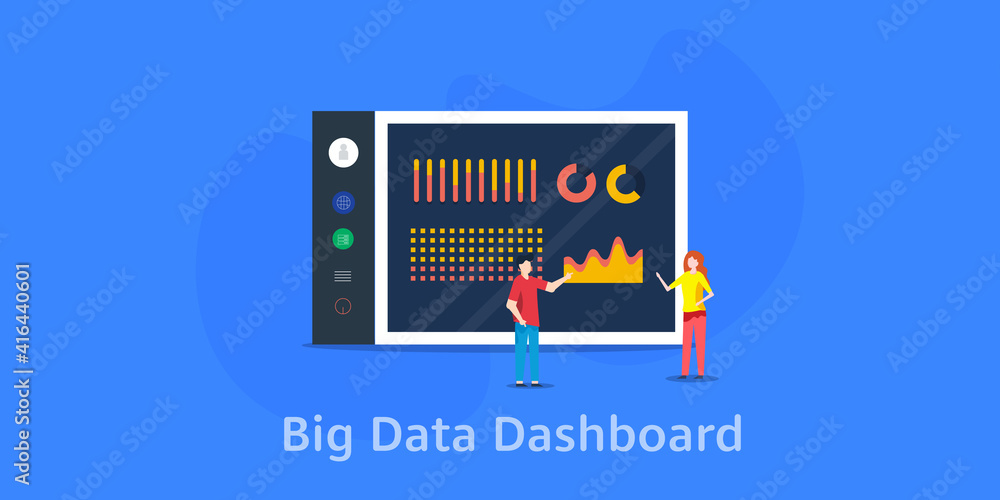Poster big data, company analytics, business information and statistics on dashboard. business team monitor
