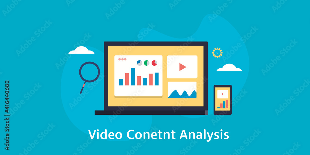 Poster video marketing analytics software displaying data on dashboard laptop. video content analysis conce