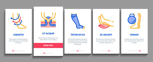 Varicose Veins Disease Onboarding Mobile App Page Screen Vector. Varicose Symptoms And Treatment, Legs Pain And Medicine Cream, Ultrasound And Surgery Illustrations