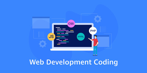 Flat design illustration concept of website and application development, programming and coding with ux designer.