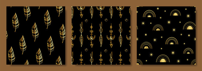 set of luxury gold boho patterns. boho seamless pattern.collection of Luxury Golden Patterns.Golden design elements. Elegant decorative ornament for wallpaper,fabric, paper,print ,wrapping paper.