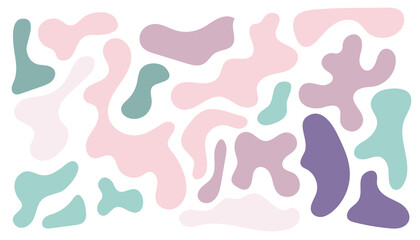 Fototapeta na wymiar Irregular blob, set of abstract organic shapes. Pink and green irregular random blobs. Simple liquid amorphous splodge. Trendy minimal designs for presentations, banners, posters and flyers.