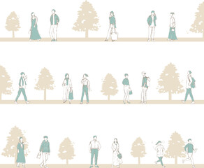 鉛筆描き　若者世代　シームレス風景