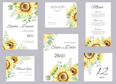 Watercolor wedding invitation cards. Floral poster, invite. Elegant wedding invitation with watercolor floral elements, sunflower and eucalyptus.