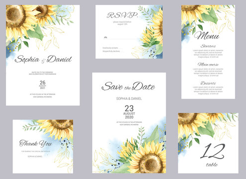Watercolor wedding invitation cards. Floral poster, invite. Elegant wedding invitation with watercolor floral elements, sunflower and eucalyptus.