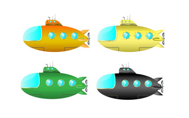 4 versions of cartoon submarines.Yellow, green and brown submarine on white background Flat design style Vector illustration. Submarines are constructed from vectors.