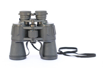 black binoculars with a white background