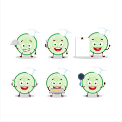 Cartoon character of slice of cucumber with various chef emoticons