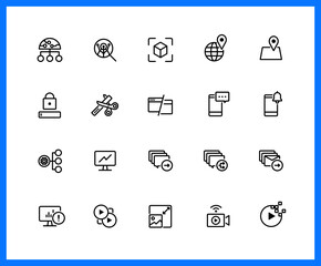 Collection of UI UX black linear icons.  Cloud, Application, Media, AI. Set of cloud platform symbols drawn with thin contour lines. Vector illustration.