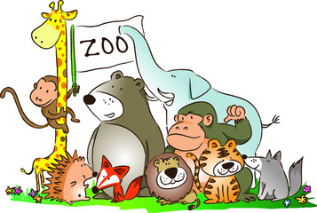 vector cartoon zoo animals  giraffe fox bear tiger monkey wolf lion Hedgehog