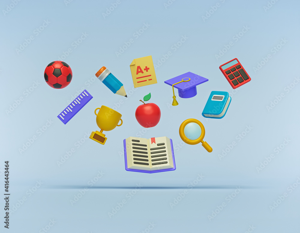 Poster school and education related objects floating on pastel blue background. minimal assorted accessorie