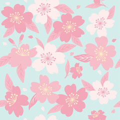 Vector seamless pattern with pink cherry blossom flowers