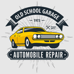 Car repair service, vintage Logo design concept with classic car. Vector illustration