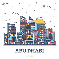 Naklejka premium Outline Abu Dhabi United Arab Emirates City Skyline with Colored Modern Buildings Isolated on White.