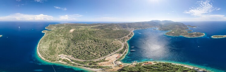 Aerial 360 panoramic photo of Vis Island east side in Adriatic sea in Croatis summer