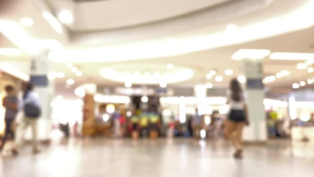 Abstract blur scene background, People shopping and walking in modern luxury department store. Blurred Interior Of The shopping center hall with beautiful bokeh for background usage.
