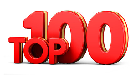 Top hundred. 3d Top 100 red and golden text isolated on white background. 3d illustration.