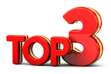 Top three. 3d Top 3 red and golden text isolated on white background. 3d illustration.