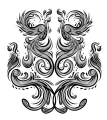 Bird pattern with curled tails and wings. Symmetrical decoration in shades of gray. Vintage curled animal ornament. Phoenixes and peacocks. Vector symbol for card