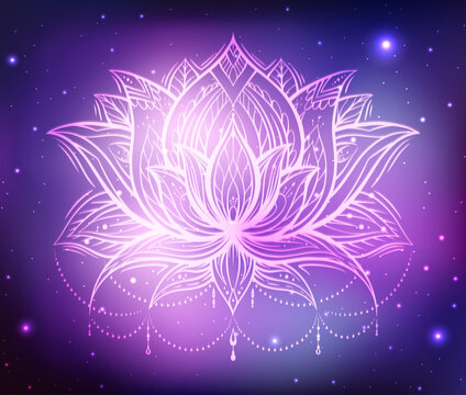 Spiritual symbol of lotus with tribal decoration on blurred cosmos and stars background. Calm and meditation. Water lily with boho ornament in universe
