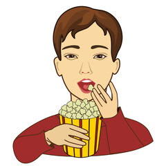 cool happy guy holds a paper bucket with popcorn and eats it, color vector emoticon, clip-art on white isolated background