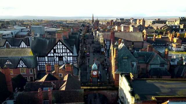 Aerial view of Chester, a city in northwest England,  known for its extensive Roman walls made of local red sandstone, UK