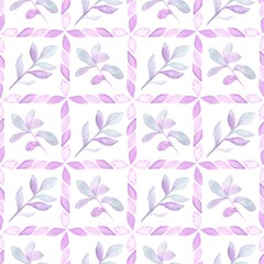 Cells of watercolor leaves with twigs pattern