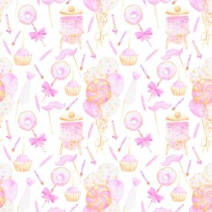 Pattern with birthday party attributes balloons, candles, cake pops, false tie and mustache pink color for girls