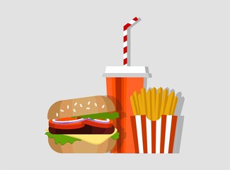 Fast food lunch with fries, hamburger and soda takeaway in flat design. Vector illustration. 