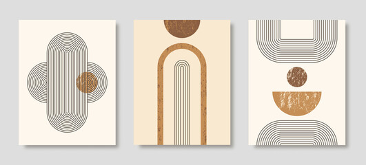 Set of Abstract Modern Art Backgrounds with simple geometric shapes of lines and circles. Boho Vector Illustration in minimal style and neutral colors for poster, T-shirt print, cover, banner