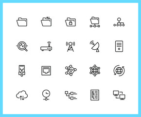 Network linear icons. Folder, Check, File , Internet. Set of Cloud symbols drawn with thin contour lines. Vector illustration.