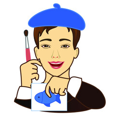 emoji with watercolor artist with his drawing of a fish painted with brush on a list of paper, simple hand drawn emoticon, man character