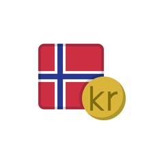 Obraz premium Norwegian krone money and flag flat icon, vector sign, Norway currency with flag colorful pictogram isolated on white. NOK money symbol, logo illustration. Flat style design