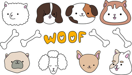Postcard vector illustration eps 10. Set with cute happy dogs. I love pet woof collection isolated on white background.
