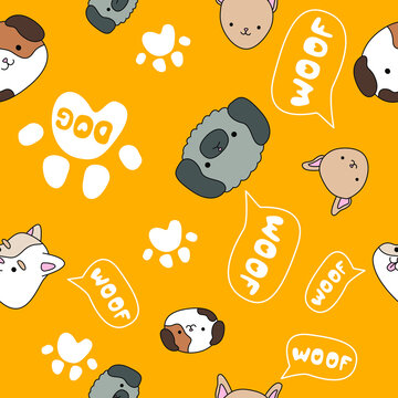 Yellow pattern with cute, funny happy dogs. Paw prints, woof text and pets.