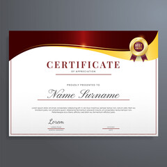 Certificate of appreciation template red and gold color, modern luxury border certificate design with gold badge.