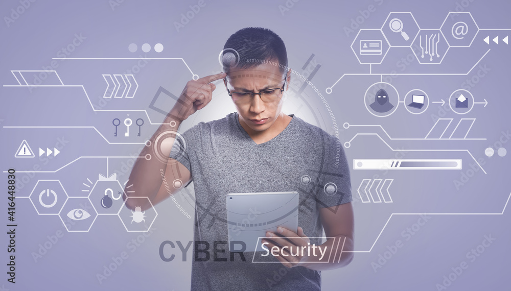 Poster male asian programmer with tablet computer on white background