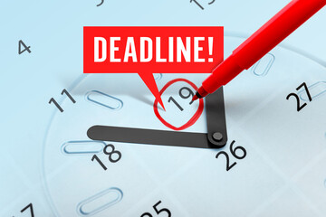 Double exposure of clock and calendar with marked date. Deadline concept