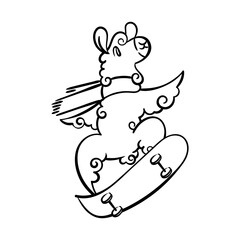 A cute, curly-haired llama rides a skateboard. Illustration for coloring pages, prints for children and adults, sports, healthy lifestyle