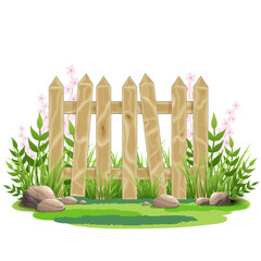 Wooden fence, grass, flowers and stones on a white background. Vector illustration